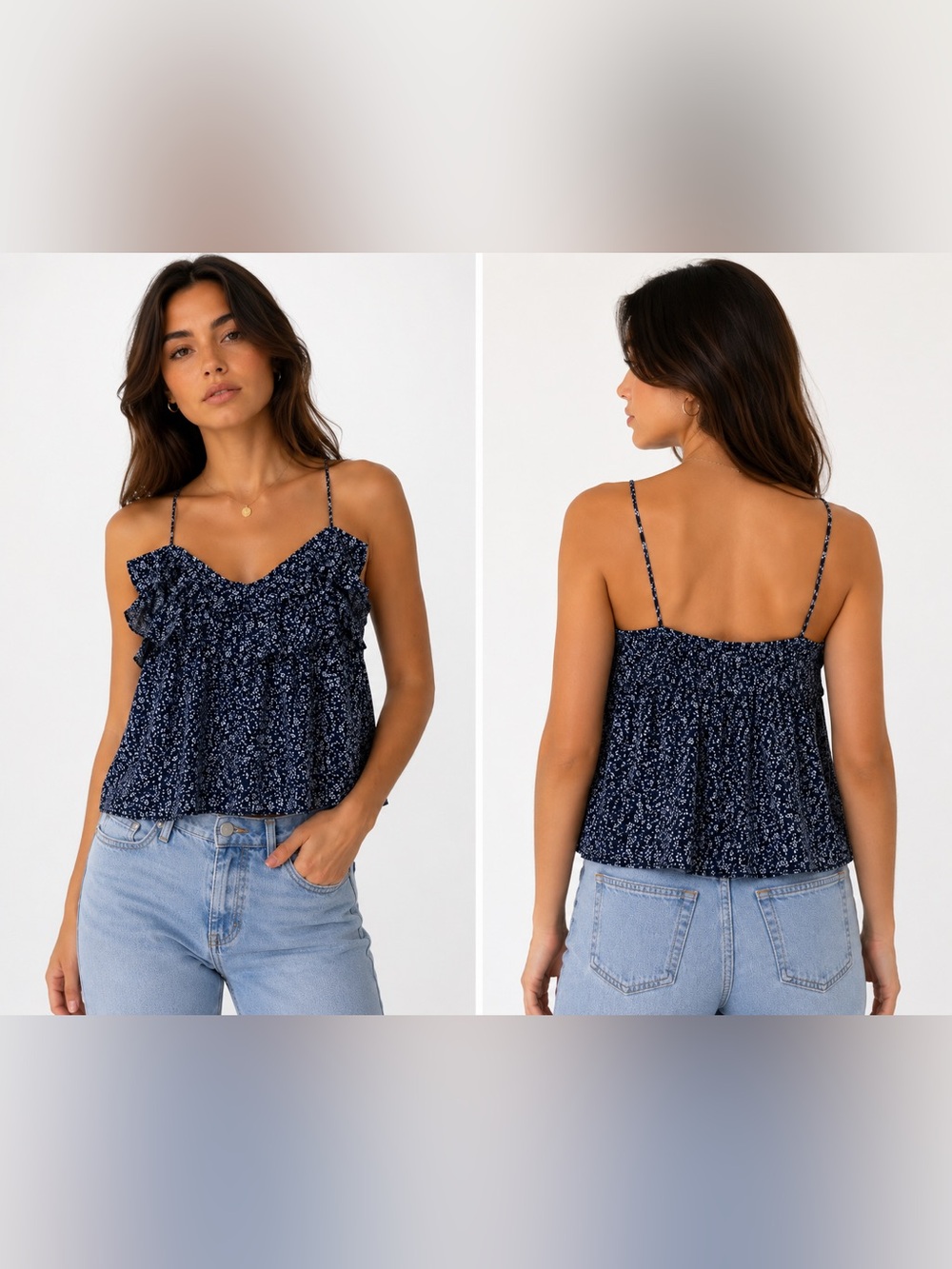 Abercrombie & Fitch Navy Floral Ruffle Crop Cami